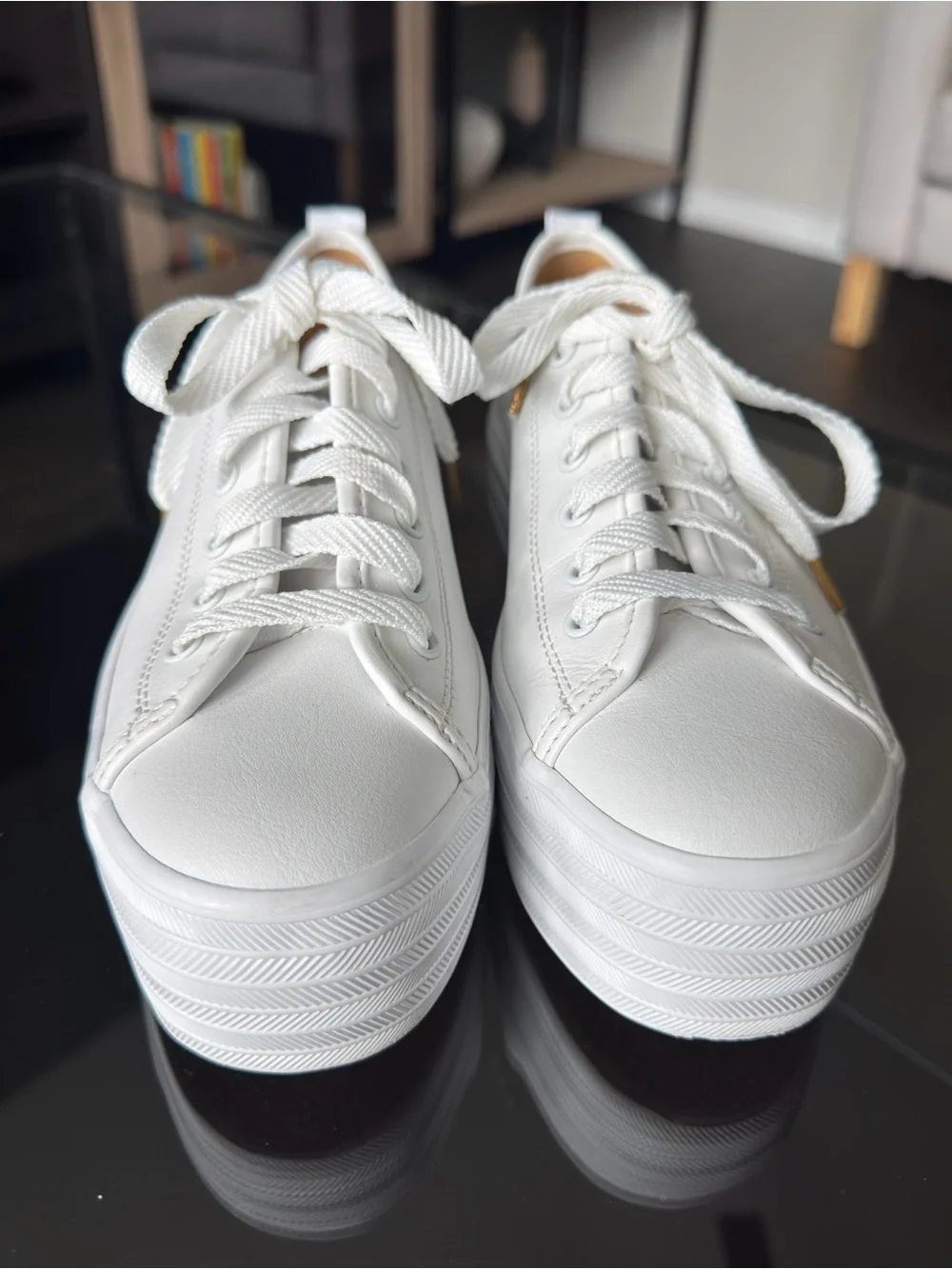 Keds White Platform Lace-Up Sneakers with Gold Eyelet Detail